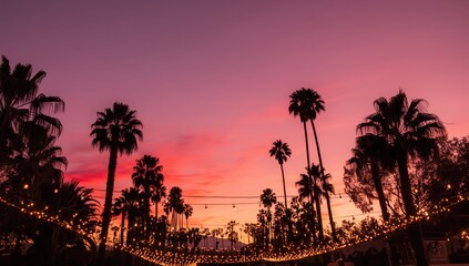 Obraz premium Twilight scene with pink hues, string lights, and palm trees during an outdoor celebration, highlighting warm lighting