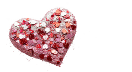 Pink glitter heart shape covered in small red pink and white heart confetti isolated on a transparent background
