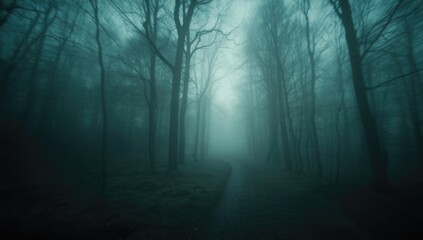 Eerie blue-green tinted forest during winter fog, highlighting seasonal erosion risk and atmospheric mood