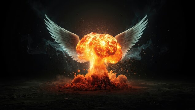 Dark digital art depicting a nuclear blast with angel wing motifs, highlighting the contrast between creation and destruction - Powered by Adobe