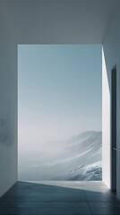 Obraz premium Minimalist Modern Architecture Overlooking Misty Snow Covered Mountain Landscape View