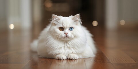 White fluffy Turkish Angora cat with heterochromatic eyes, eye color contrast for animal diversity awareness