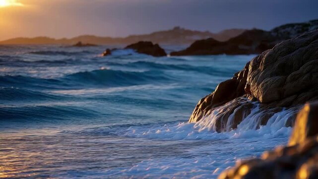 Ocean waves crashing against rocky coastline at golden hour dramatic seascape beauty coastal nature power ma (2)