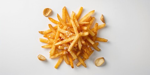 Pile of golden French peel potato fries with crispy edges on white background emphasizing food preparation and quality