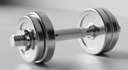 Adjustable weight dumbbell with knurled handle on a grey textured surface.