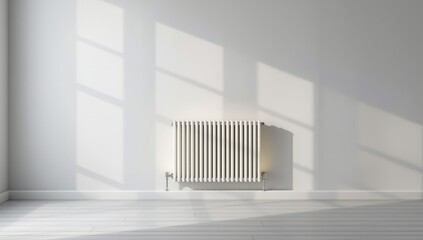Room interior featuring a white wall and radiator, serving as a backdrop for layout or signage, focusing on interior design