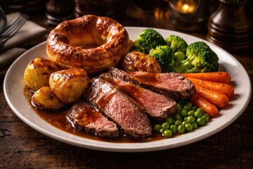 Roast beef dinner served with Yorkshire pudding and an assortment of vegetables