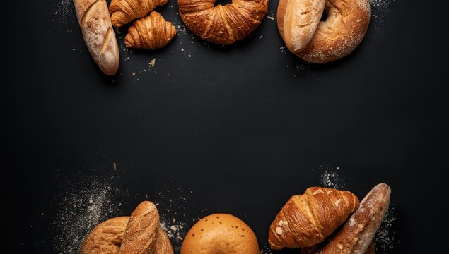 Variety of baked goods including bread rolls, baguette, bagel, sweet bun, and croissant on a dark background for bakery marketing, food presentation - Powered by Adobe