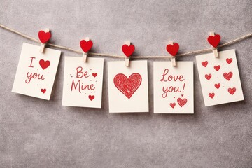 Textured grey surface decorated with hanging red love notes clipped with heart shaped pins