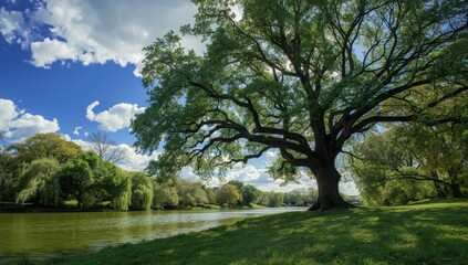 Obraz premium Summer park scene featuring water, trees, and open sky for nature-themed layouts