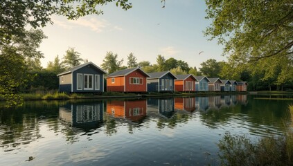 Fototapeta premium Vivid wooden holiday cabins mirrored in a pond within a nature reserve, focusing on eco-friendly tourism