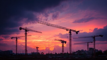 Silhouette of construction tower cranes against a dramatic purple and orange sunset sky. Urban development background.