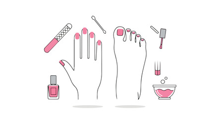 An illustrative outline displaying essential tools and processes for comprehensive hand and foot care, perfect for personal pampering and salon