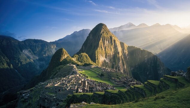 Sunrise over historic architecture nestled in green mountains, suitable for travel and landscape scenes