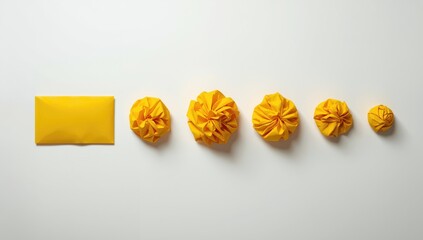 Yellow paper with creases folded into a crumpled ball for packaging or waste management, highlighting recycling practices
