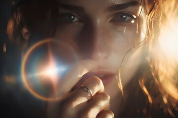 Emotional close up portrait of young woman with soft light and lens flare creating cinematic mood beauty and introspective feeling