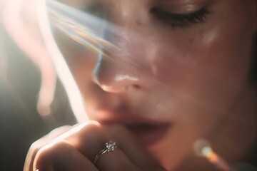 Soft cinematic close up of female face with gentle light and dreamy atmosphere expressing calm emotion and artistic beauty concept
