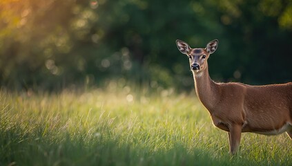 Obraz premium Adult deer or antelope grazing in open grassland, close-up on head, wildlife preservation