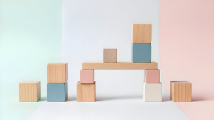 Colorful Wooden Blocks Arrangement on Pastel Background