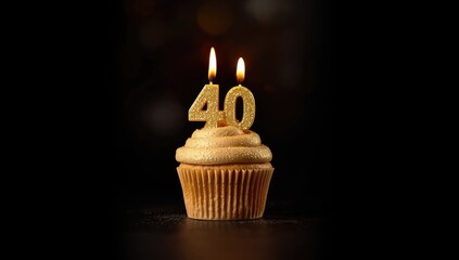 Fortyth birthday cupcake with lit candles against dark backdrop, highlighting festive atmosphere