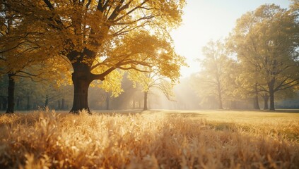 Autumn landscape featuring dry grass and trees bathed in soft sunlight, seasonal transition