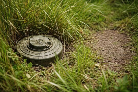 Camouflaged military landmine among dense grass with clear copyspace area