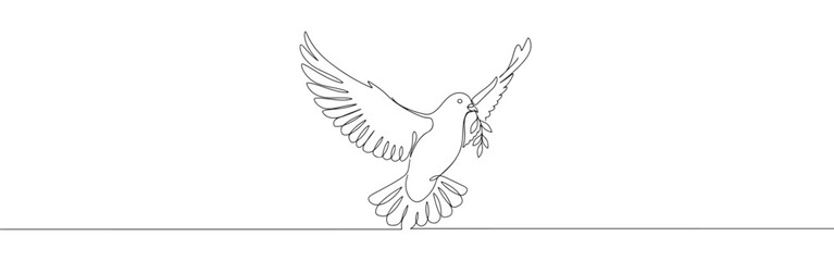 A graceful dove in flight holding an olive branch, depicted in a continuous line drawing, symbolizing peace and hope