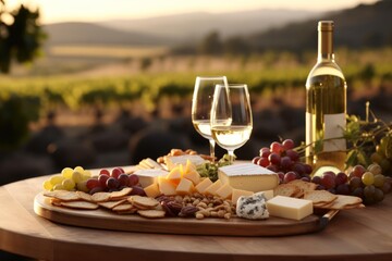 Fototapeta premium Spreading a luxurious charcuterie board with wine glasses and bottle on a table in a vineyard