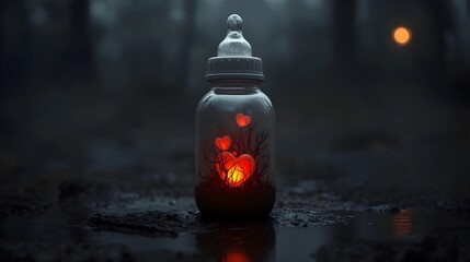 A surreal baby bottle sitting in a dark, damp forest. Inside the glass, glowing red hearts grow from a cluster of dry thorns, illuminating the murky, atmospheric surroundings.