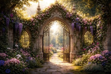 Obraz premium creative visualization of a historic fantasy gate covered with blossoming ivy and flowers leading into a charming garden