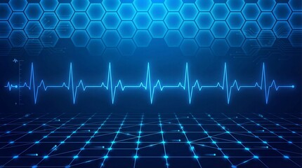 Digital futuristic ECG heartbeat line with glowing blue grid and hexagon pattern background