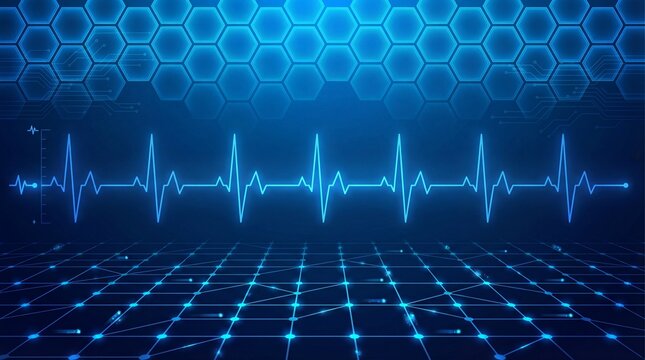 Digital futuristic ECG heartbeat line with glowing blue grid and hexagon pattern background - Powered by Adobe