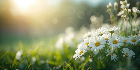 Springtime white daisy flowers forming a natural floral backdrop for editorial headers