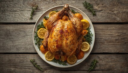 Prepared rotisserie chicken seasoned with lemon and herbs served on a plate, highlighting culinary process