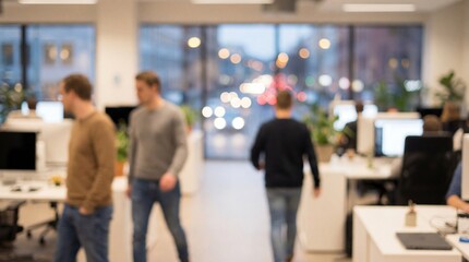 People walking through a modern, bright office space with desks and computers, blurred background of city lights