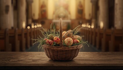 Polish Easter baskets with colorful decorations ready for Holy Saturday church service, highlighting cultural practices