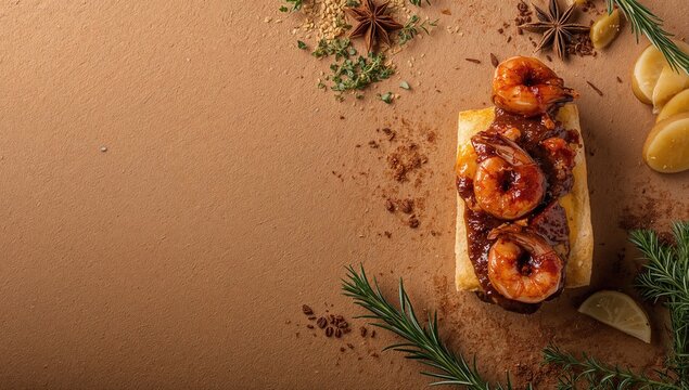 Mexican romeritos sandwich featuring mole sauce and shrimp on wooden surface, highlighting festive food presentation