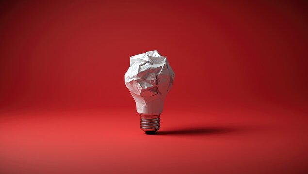Light bulb crafted from crumpled paper against a red background, representing new ideas, brainstorming, World Creativity and Innovation Day - Powered by Adobe