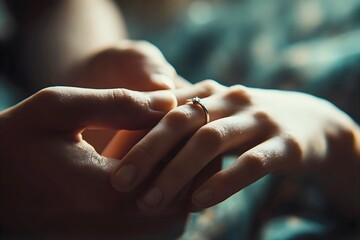 Close view of hands gently placing engagement ring symbolizing love commitment trust romance and an intimate proposal moment