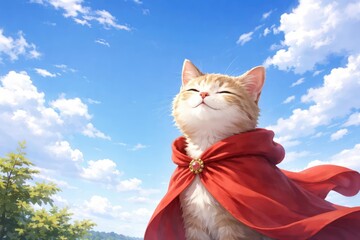 Blissful cat with red cloak admiring a wide blue sky background