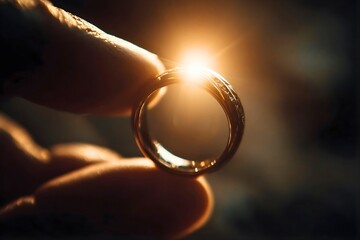 Golden wedding band held between fingers with warm sunlight creating elegant symbolism of marriage unity and lifelong commitment