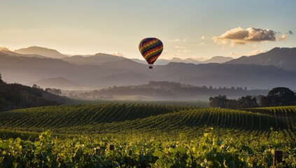 Obraz premium Mountain range and sunrise behind vineyards, designed as a natural backdrop for editorial or design use, Earth Day
