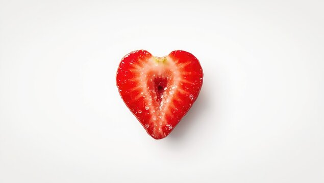Red strawberry slice cut into a heart shape placed on white surface, suitable for menu design or product packaging