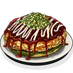 Japanese food okonomiyaki national cuisine dish isolated on white background, colorful cartoon illustration