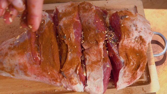 Top view of a hand sprinkling spices on a raw leg of lamb. Fresh meat is being seasoned on a table for roasting. Culinary preparation concept with aromatic herbs and ingredients