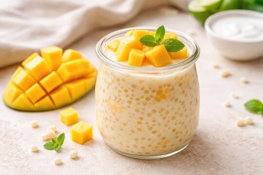 Creamy chilled mango sago treat made with coconut milk and topped with mango slices in a jar with copy space