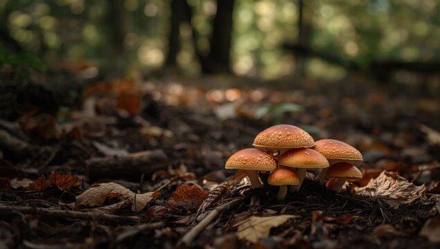 Fungi emerging amid fallen leaves in Epping Forest during autumn, seasonal nature scene