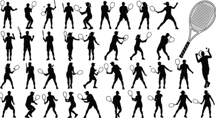 Tennis player silhouettes collection, male and female tennis action poses set, sport icons, black vector illustration isolated on white background © Nazmin