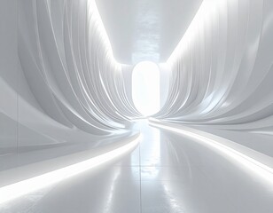 Serene Future Passage Abstract White Architectural Dreamscape with Flowing Lines and Radiant Illumination, Evoking Modern Purity and Limitless Horizon