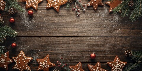Holiday-themed gingerbread cookies placed on weathered wood surface for festive baking